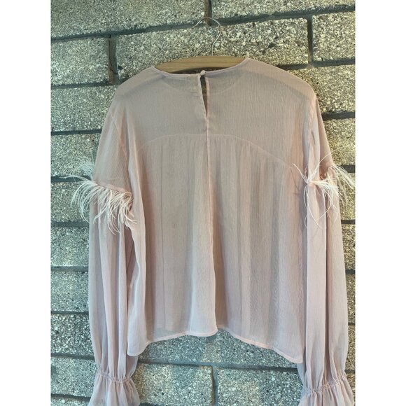 Zara Pink Feather-Trimmed Sheer Blouse Size M Made In Turkey - Picture 9 of 9